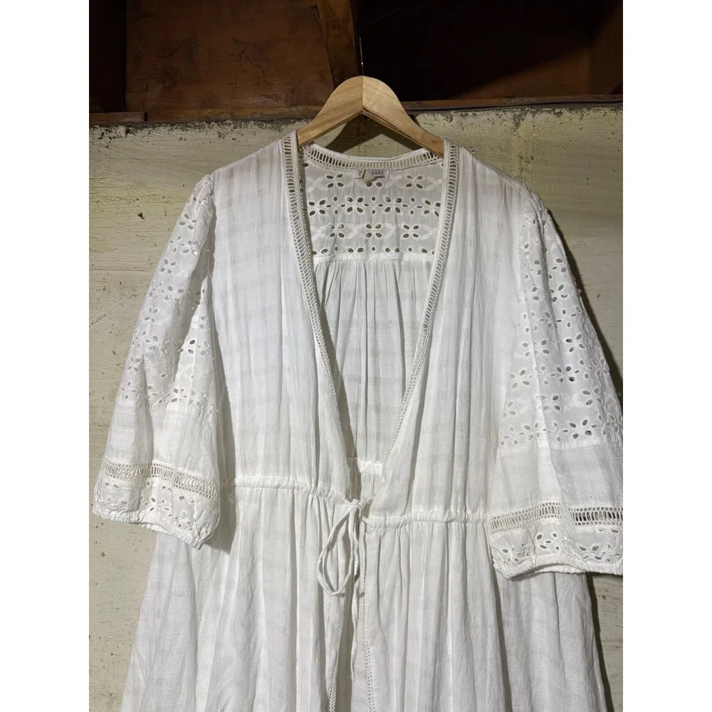 dizzylissy White Cotton Eyelet Lace Maxi Duster Cardigan Tie Front Boho Size 3X